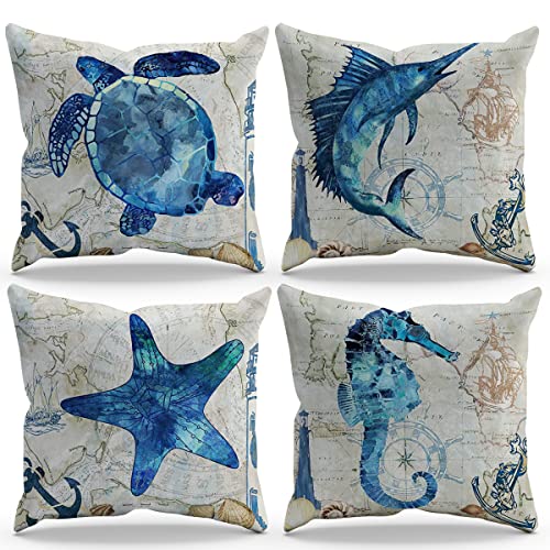 BXFAHZJ Juego de 4 fundas de almohada con fondo náutico, tortuga, tiburón, estrella de mar, caballito de mar, 18 x 18 pulgadas, decoración para el hogar, sofá, cama, sofá, casa de playa, regalos para