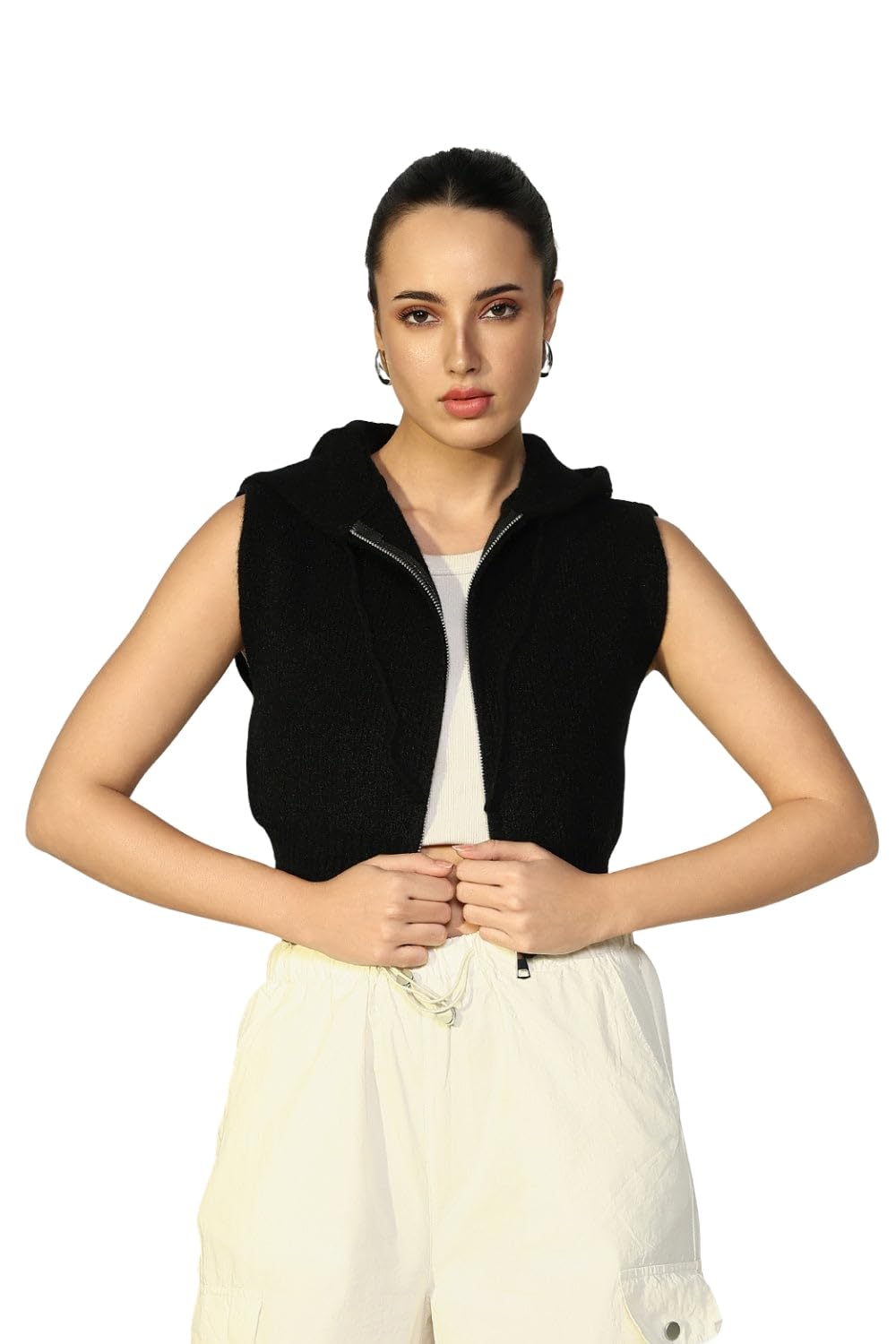 Edition Women's Ribbed Black Hooded Short Top with Zip-CHN-3189_Black-P-image-32