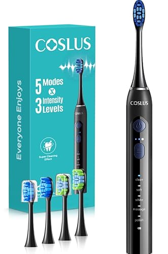 COSLUS Sonic Electric Toothbrush for Adults: 3 Intensities & 5 Modes Gum-Friendly for Deep Cleaning & Whitening - 2 Types of Heads for Family, Sensitive Teeth, Braces, Travel & Home Use, Black