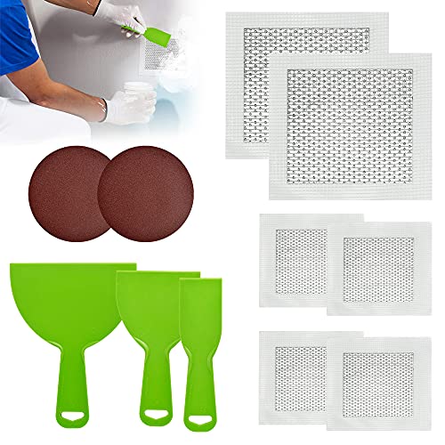 Kit Reparation Mur Patch-4 Patch de Réparation de Mur+2 Papier de Verre+3 Couteau à Mastic Patch de Réparation Murale en Aluminium Réparation Mur Fissuré Auto-adhésif pour Réparation Trou Mur Maison Cover