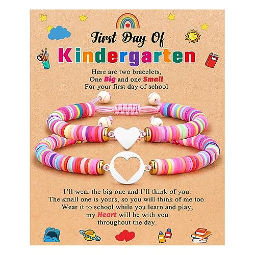 Image of First Day of Kindergarten /Pre K /School Mother Daughter Bracelets Matching Heart Wish Bracelet Set for 2 Gifts