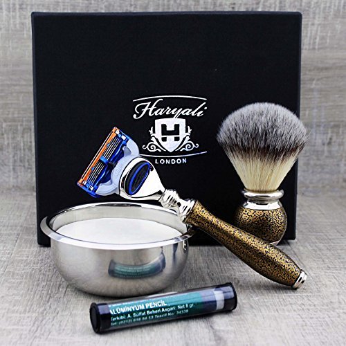 Haryali London 5 Pc Mens Shaving Kit 5 Edge Safety Razor With Synthetic Badger Hair Shaving Brush, Soap, Bowl and Alum Perfect Set For Men