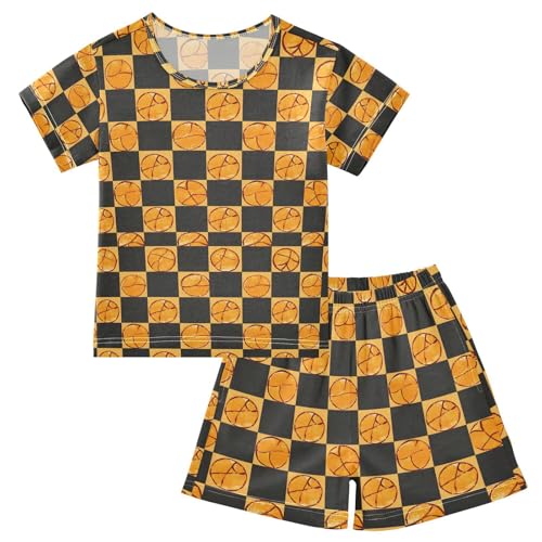 ALAZA Basketball Plaid Yellow Pajamas Set Short Sleeve Cotton Sleepwear Summer Pjs 2 Piece 5-14Y