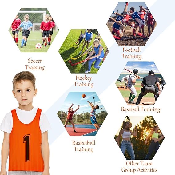 Malloom 24 Stück Fußball Leibchen für Kinde, Grün & Orange Mesh Sport Trainingsleibchen, Wendbare Nummerierte Trainingswesten für Fussball Volleyball Basketball Teamtraining