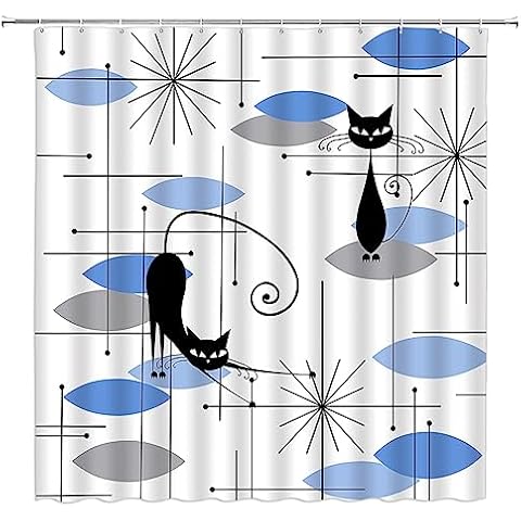 LAEDCIITI Mid Century Black Cat Shower Curtain Blue Grey Modern Atomic Abstract Geometric Iconic Pattern Retro Black Kitty Animal 1950s 1960s Vintage Fabric Bathroom Curtain Set with Hook Cover
