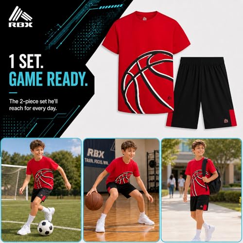 Image of RBX Boys Athletic Shorts Set - 2 Piece Active Performance Graphic Tees and Mesh Gym Shorts for Boys With Elastic Waistband