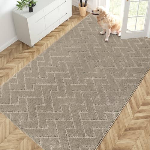 PURRUGS Easy Care Area Rug 4.5ft x 7ft, Non-Slip Machine Washable Entry Rug, Dog Door Mat, Stain Resistant Accent Rug for Hallway, Bedroom, Living Room and Mudroom, Taupe