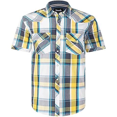 Men's Western Snap Casual Shirt Two Pocket Short Sleeve Shirt(Yellowblue. M) Cover