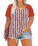 RITERA Plus Size American Flag Tops for Women Color Block Raglan Patriotic Tshirt Oversized Summer Holiday Fouth of July Tunic 3X Short Sleeve Henley Shirt Holiday Casual Loose Fit Blouse 3X 22W 24W