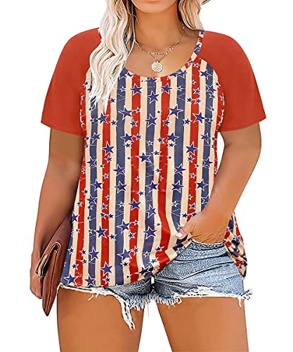 Image of CARCOS Womens Plus Size Top Summer Short Sleeve Color Block Blue Star Raglan T-Shirt Meorial Days 4Th of July Independence Days Loose Fit Pullover Tunic Casual Patriotic 2XL 18W 20W