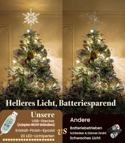 Luxspire Weihnachtsbaumspitze, beleuchtet Stern Baumspitze mit USB Plug-in&Fernbedienung, 9,8" LED Metall Dekorationen Licht… – Ansicht 2