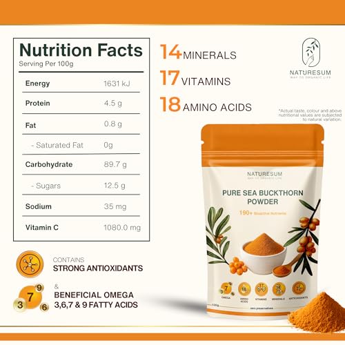 Image of Naturesum Central Asian Sea Buckthorn Berry Powder 100% Organic (100g) Rich in Omega 3, 6, 7, 9, Vitamin C, E & 18 Amino Acid, Strong Antioxidant for Skin Glow, Immunity, Gut & Heart Health