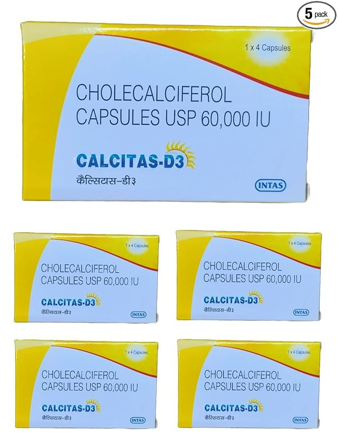 Calcitas D3 Intas D3 (Vitamin D3 - Cholecalciferol) 60000 IU - 5 Pack X (4 Capsules) = 20 Capsule Once A Week (B0DFCY67B3) Amazon Price History, Amazon Price Tracker
