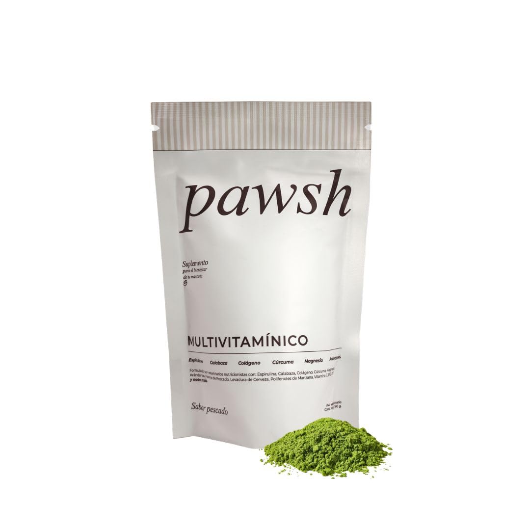 Pawsh Multivitamínico Natural para Perros y Gatos 180g | Vitaminas y Colágeno en Polvo con Espirulina y Calabaza | Defensas, Digestión y Movilidad | Suplemento Prebiótico | Hecho en México