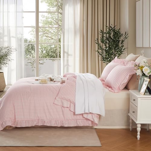 Image of Gingham Ruffle Comforter Set Queen - 3 Piece Pink Checkered Bedding Set - Aesthetic Cottagecore Ruffled Farmhouse Comforter with 2 Pillow Shams - Soft, Lightweight All Season Bedding (90 inchx90 inch)