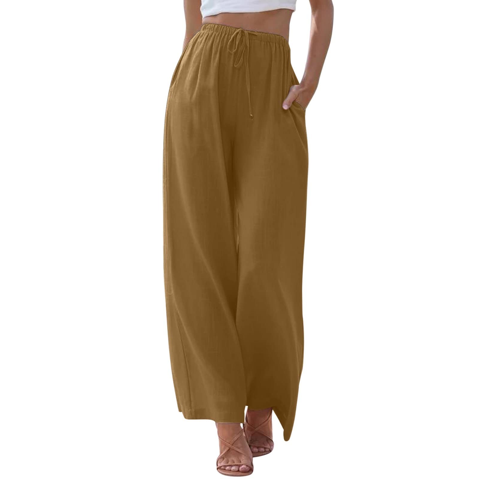 Damen Leinenhose Lang Leicht Sommerhose Loose Fit Casual Locker Stoffhose Weite Beine Palazzo Hose mit Taschen Sommerhose Damen Leicht Baumwolle Leinen Hose Einfarbig Freizeithose
