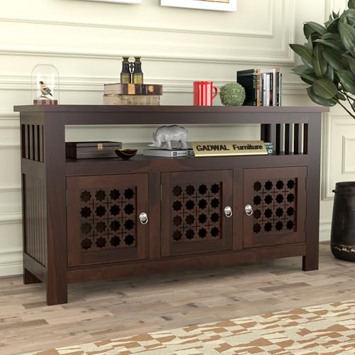 Image of Solid Sheesham Wood Wooden Cabinet Sideboard with 6 Shelves and 3-Door Storage Cabinet for Your Living Room Bedroom Storage (Liam, Walnut Finish)