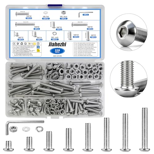 Jiahezhi 329 Stk M6 Linsenkopf Innensechskantschrauben und Muttern Set M6 x 10/14/18/20/25/30/35/40mm Maschinenschrauben mit Unterlegscheiben für DIY und Bauprojekte