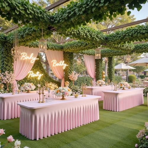 Image of 3pk Baby Pink Spandex Tablecloths for 8 Foot Rectangle Tables, Stretchy Table Cloths 8FT Pink Fitted Table Cover Desk Skirt for Wedding Party Birthday Banquet Baby Shower