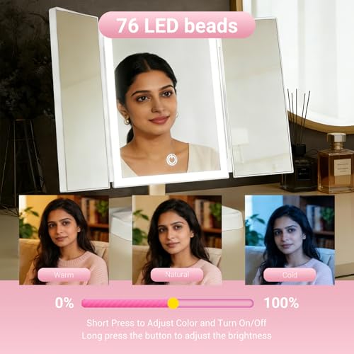 Image of MAYCREATE Tri-Fold LED Makeup Mirror, 90 Swivel Lighted Vanity Mirror with 2X /3X Magnification, 3-Color Dimmable Desk Makeup Mirror, Touch Button, 2400mAh USB Rechargeable Desktop Cosmetic Mirror