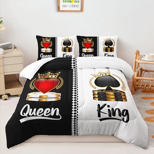 Image of AILONEN Queen and King Couple Comforter Set King Size,3-Piece Black and White Crown Bedding Set for Room,Romantic Soft Microfiber Comforter with 2 Pillowcases