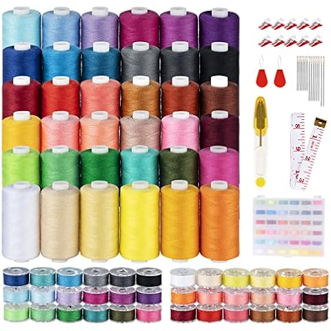 36-teilig Nähgarn Sortiment Set, 700 Yard Nähmaschinengarn je Garnrollen und 36 Unterfadenspulen Qualitätsgarn Overlock Garn Cover