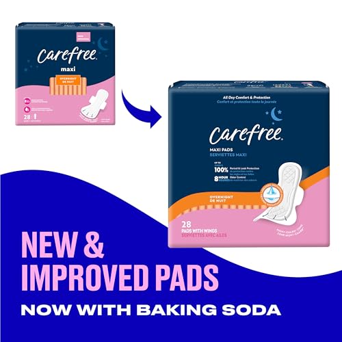 Carefree Maxi Pads for Women, Overnight Pads with Wings, 28ct | Carefree Pads, Feminine Care, Period Pads & Postpartum Pads | 28ct (Pack of 1)