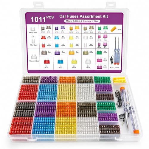 Nayoto 1011-Piece Universal Zinc Flake Car Fuse Set - 410 Standard 410 Mini & 185 Micro Fuses (2A-40A) with 2 Removal Tools 2 Testers & 2 Clips - Compatible with Cars Trucks RVs Boats etc.