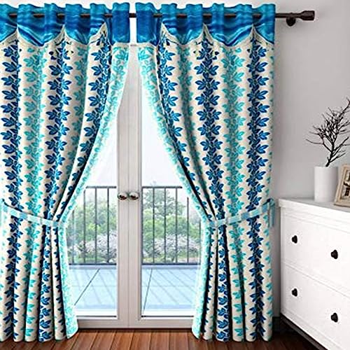 Image of Cortina Polyester Ready to Use Premium Floral Design Eyelet Curtains - 7Ft Set of 1 - Doors & Windows - Washable - for Bedroom Living Room Kids Room Hall Kitchen Office - Sheer Curtains - Blue 1