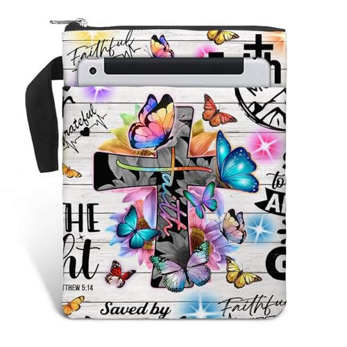 84hoods Book Sleeve With Zipper and Front Pocket. Christian Faith God Religious Gift. Bible Cover, Washable 11 X 8.5 Inch Padded. Gift for Book Lovers. Flowers and Butterflies.