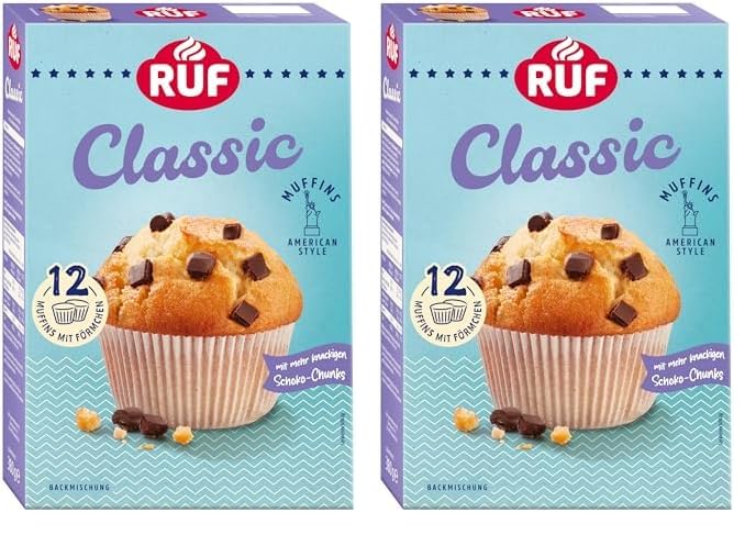 RUF Classic Muffins Backmischung, helle American Style Muffins mit Schoko-Chunks, einfache Zubereitung, 12 Muffin-Förmchen inklusive (Packung mit 2)