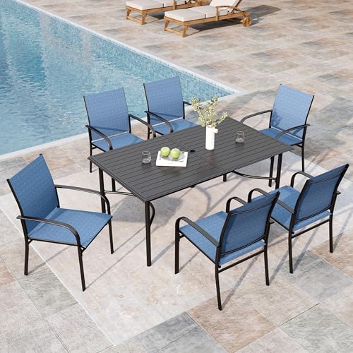 Image of MIXPATIO 7-Piece Outdoor Dining Set 6 Blue Textilene Chairs and Steel Rectangle Table with 1.97 inch Umbrella Hole for Deck Garden Backyard Lawn Poolside