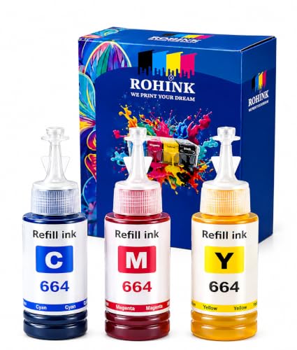 Image of ROHINK T-664 Dye Refill Ink for Epson L130, L210, L220, L310, L350, L355, L360, L361, L365, L380, L385, L405, L455, L485, L565, (Pack 3 - Cyan Magenta, Yellow)
