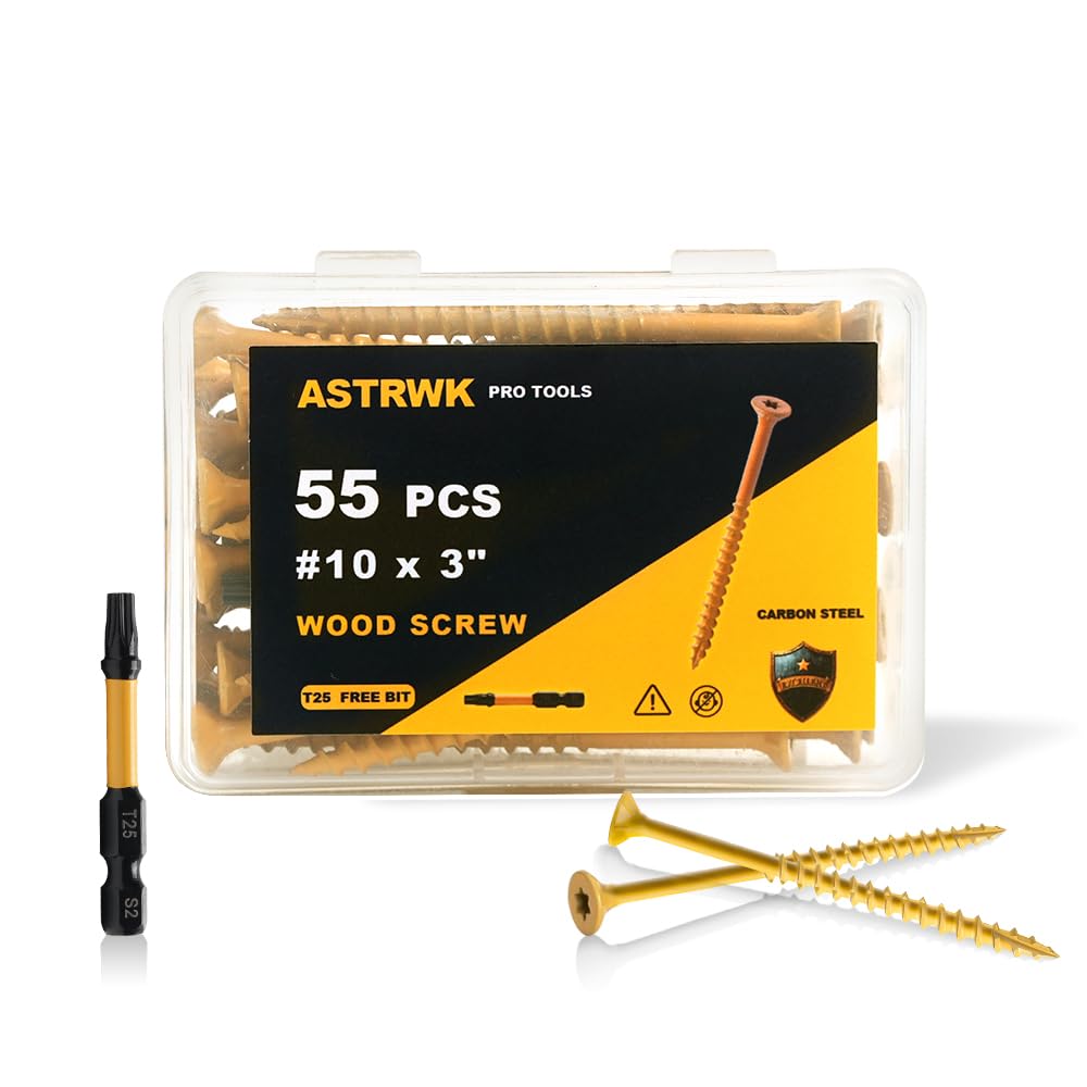 ASTRWK Wood Screws 3 inch,Deck Screws #10×3 inch,55 Pcs,Rust Resistant Epoxy Coated,T25 Torx Bits Included,Tan