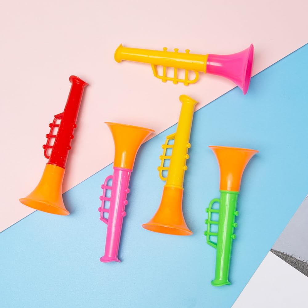 25 Piezas Mini Trompeta de Juguete Trompeta para Niños Pequeña Plastico Portátil Juguete Bocina Hacer Ruido Trompetas Instrumento Musical para Niños, Colorido, 10*3.8 cm