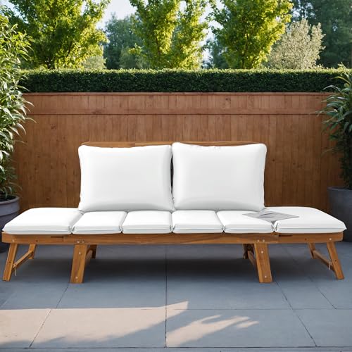 Greesum Patio Convertible Couch Sofa Bed With Adjustable Armrest, Acacia Wood Outdoor Daybed With Cushion & Pillow thumb #6