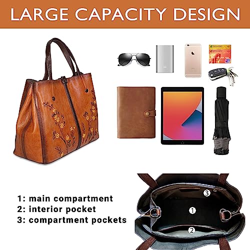 Image of Genuine Leather Satchel for Women Top Handle Bags Handmade Purse Vintage Embossed Leather Crossbody Handbags Hobo Bag