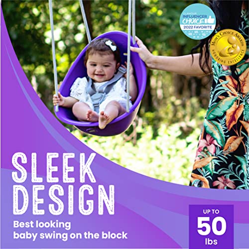 Image of Swurfer Coconut Toddler Swing - Comfy Baby Swing Outdoor, 3- Point Adjustable Safety Harness, Secure, Safe Quick Click Locking System, Blister-Free Rope, Easy Installation, Ages 9 M and Up, Plp Purple