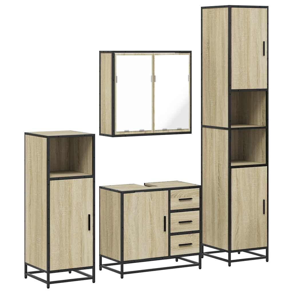 Set Mobili da Bagno 4 Pezzi Rovere Sonoma e Metallo | Arredo per il bagno con mobile specchio, sottolavabo e due colonne salvaspazio in stile industriale.