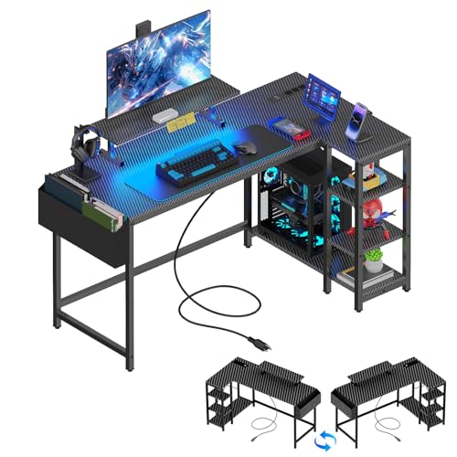 40 inch Gaming Desk with USB Power Outlet and LED Light- Reversible L Shaped Desk with Storage Bag,Computer Desk with Adjustable Monitor Stand& Storage Shelves and CPU Stand,Corner Desk Table