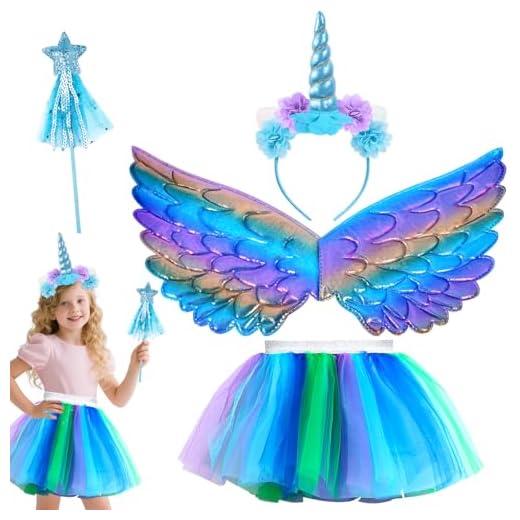 PQETBV Disfraz de Unicornio para Niña, 4 Pcs Conjunto de Vestido Princesa con Diadema, Alas y Varita, Traje Unicornio Niña Cumpleaños Carnaval Cosplay