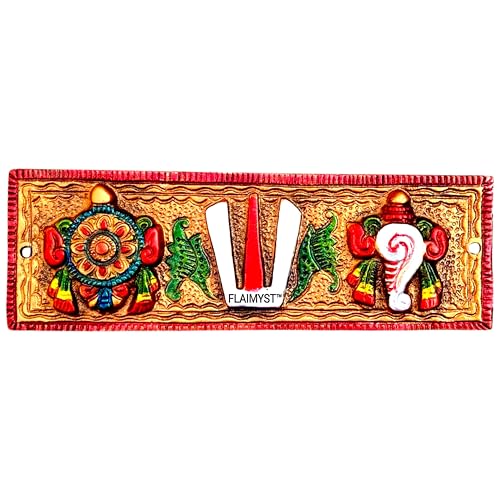Image of FLAIMYST Shank Chakra Tilak for Door Entrance in Aluminium Metal, Tirupati Door Wall Hanging Shankh Chakra Namah Decorative for Home, Office, Room, Religious House Warming (Copper Multicolor)
