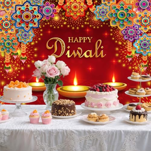 Image of 15x10FT Happy Diwali Backdrop Banner Decor, Festival Lights Indian Happy Diwali Decorations Party Supplies Deepavali Photography Background for Indoor Outdoor Garden,Yard, Party Home Decor