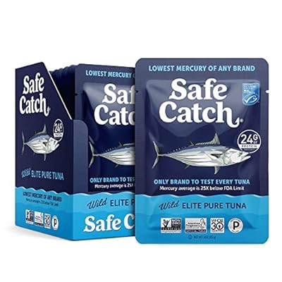 Safe Catch Elite Tuna Wild-Caught Lowest Mercury Tuna Fish Pouch Gluten-Free Keto Food Non-GMO Kosher Paleo-Friendly High Protein Snack, No Water Oil Tuna, Pack of 12 Tuna Pouches 3oz