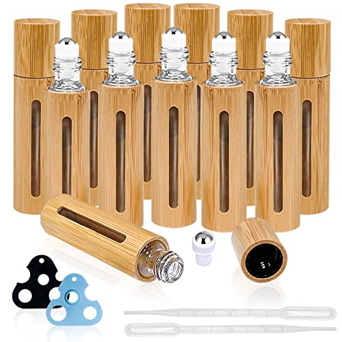 KALYLOC 12Pcs 10ml Bamboo Roll on Bottles for Essential Oils, Refillable Perfume Sample With Stainless Steel Roller, 2Pcs Openers and 2Pcs 3ml Funnels