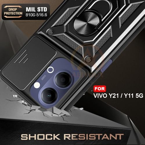 Image of Armor Bumper Back Cover Case for Vivo Y21 5G / Y11 5G | Rotating Camera Cover, Ring Holder & Kickstand | Heavy Duty & 360 Degree Protection Back Cover (Black)