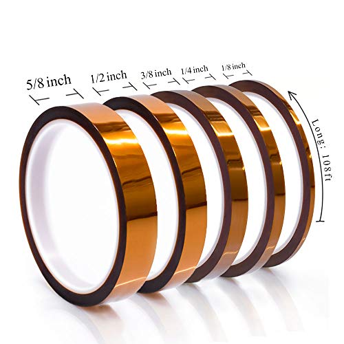 Image of MYJOR high Temp Tape, Heat Press Tape Used to Protect CPU, PCB Circuit Board Professionals (1 /8 inch, 1 /4 inch, 3 /8 inch, 1 /2 inch, 5 /8 inch-108ft, 5 Rolls)