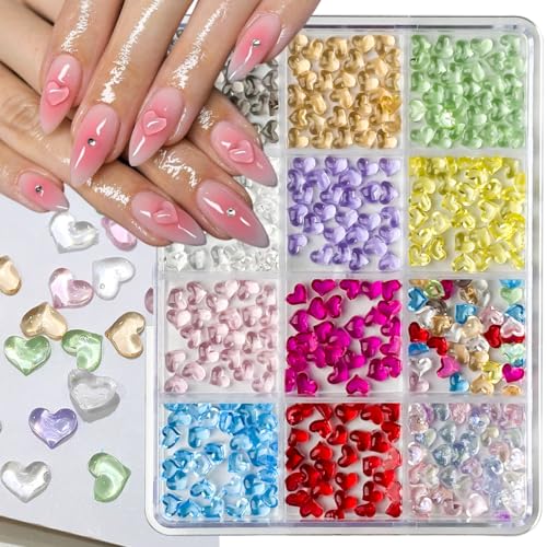 Heart Nail Charms 3D Mixed Heart Nail Charm Gems Flat Back Colorful Resin Heart Nail Rhinestone Cute Nail Art Supplies for Women DIY Acrylic Manicure Jewelry Accessories 12Grid