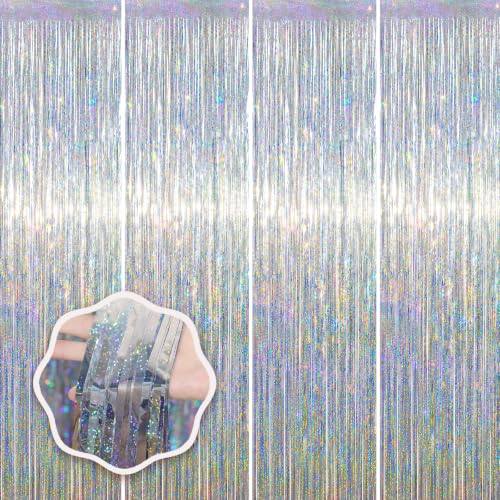 Voircoloria 4 Pack Laser Silver Foil Fringe Backdrop Curtains,3.3x8.2Ft