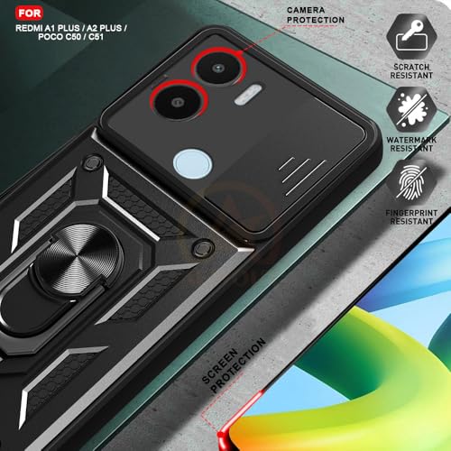 Image of Armor Bumper Back Cover Case for Redmi A1 Plus /Poco C50 Rotating Camera Cover, Ring Holder & Kickstand | Heavy Duty & 360 Degree Protection Redmi A1 Plus /Poco C50 Back Cover (Black)